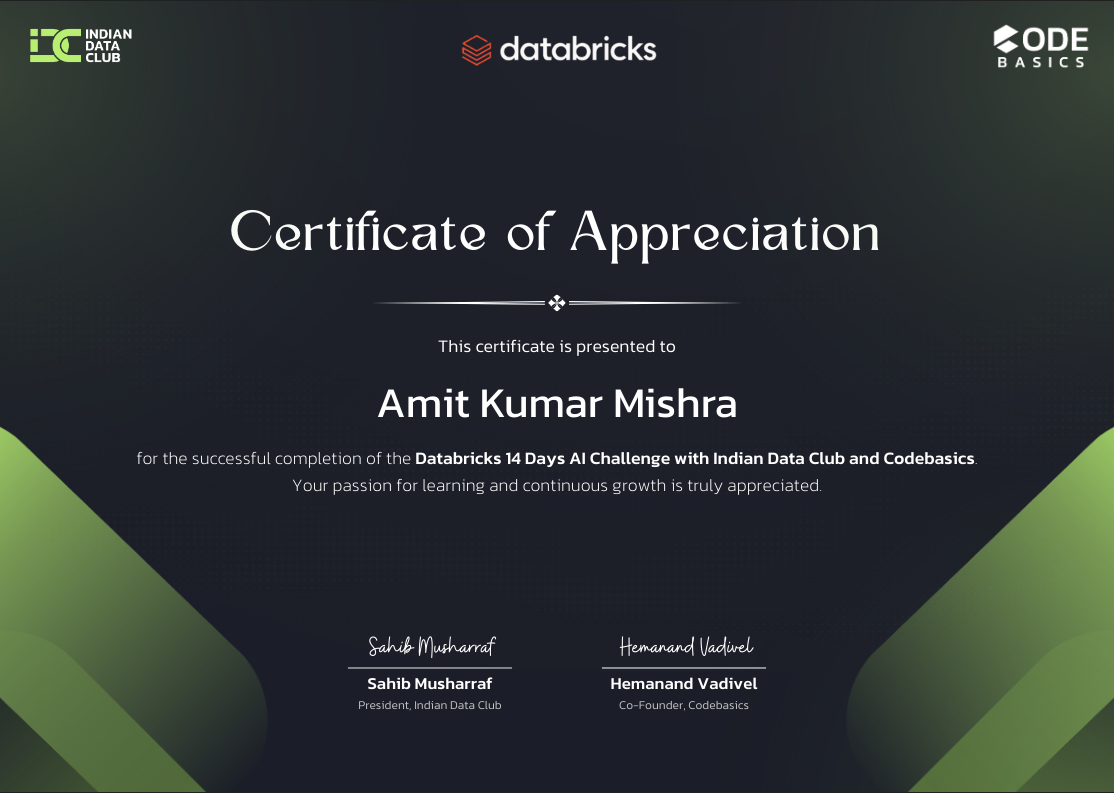 Databricks 14 Days AI Challenge Certificate