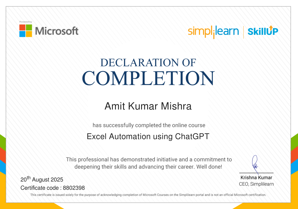 Excel Automation using ChatGPT certificate