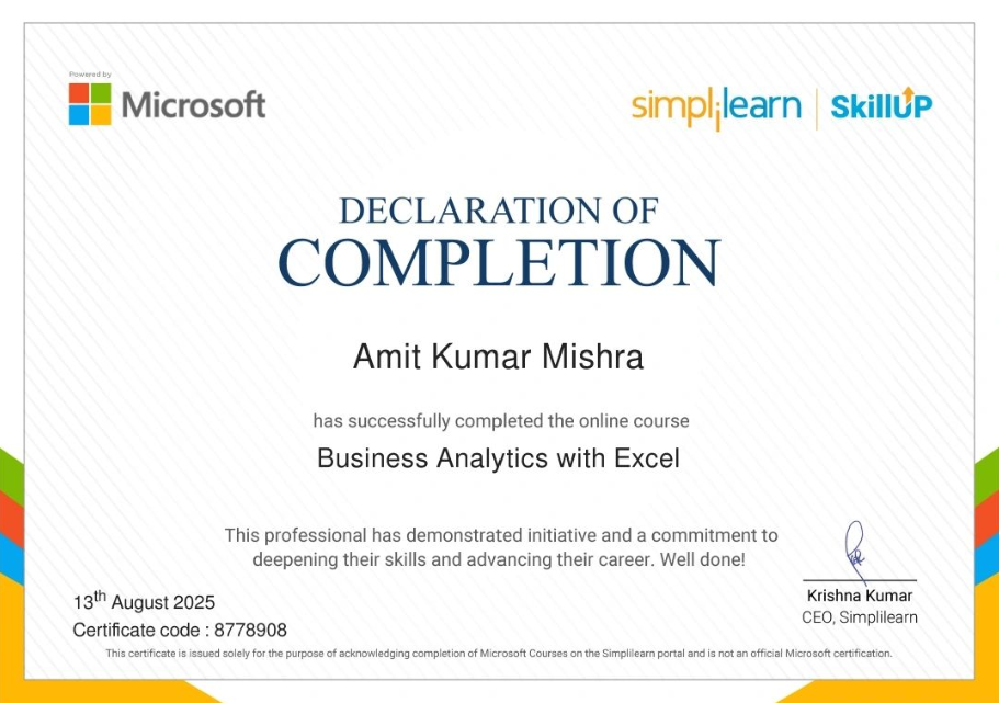Business Analytics with Excel certificate
