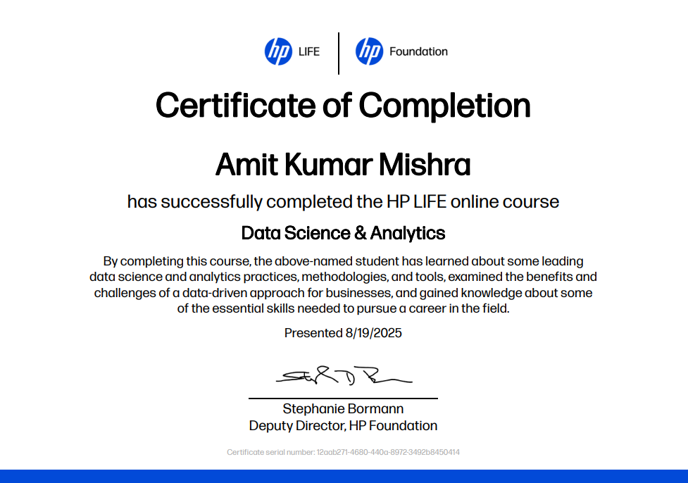 HP LIFE Data Science & Analytics certificate