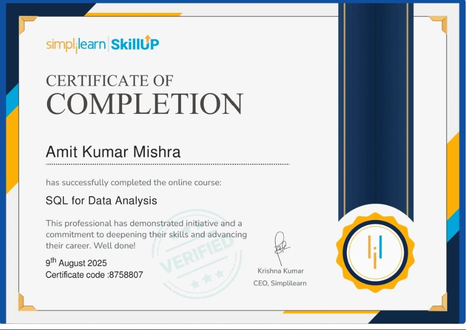 SQL for Data Analysis certificate
