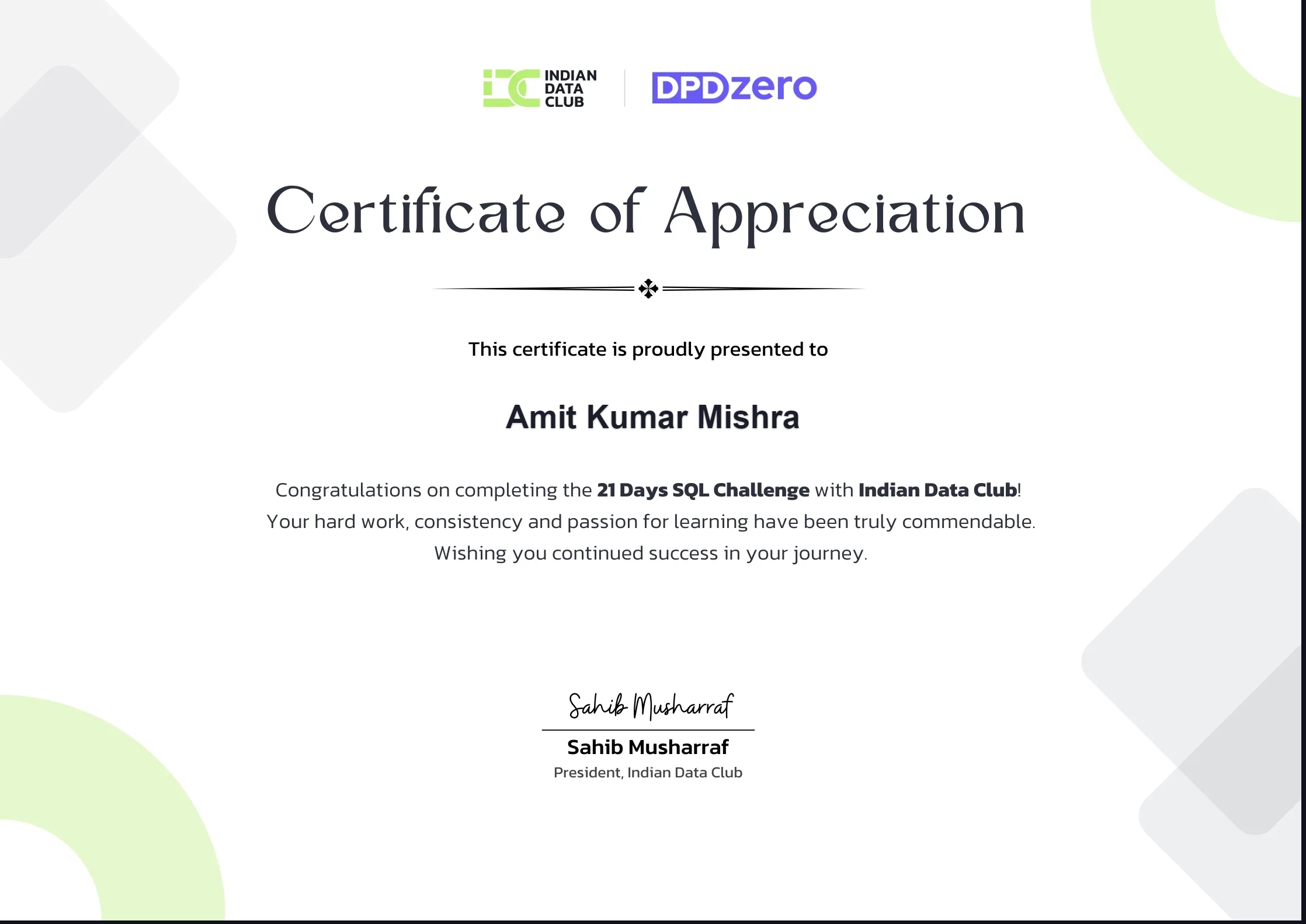IDC 21 Days SQL Challenge certificate